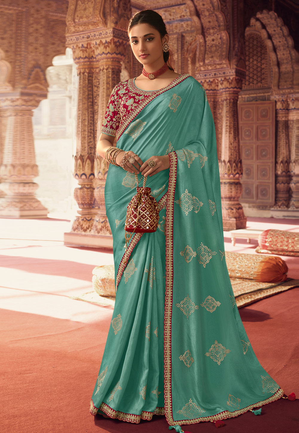 Sea green Viscose Saree With Blouse 254971