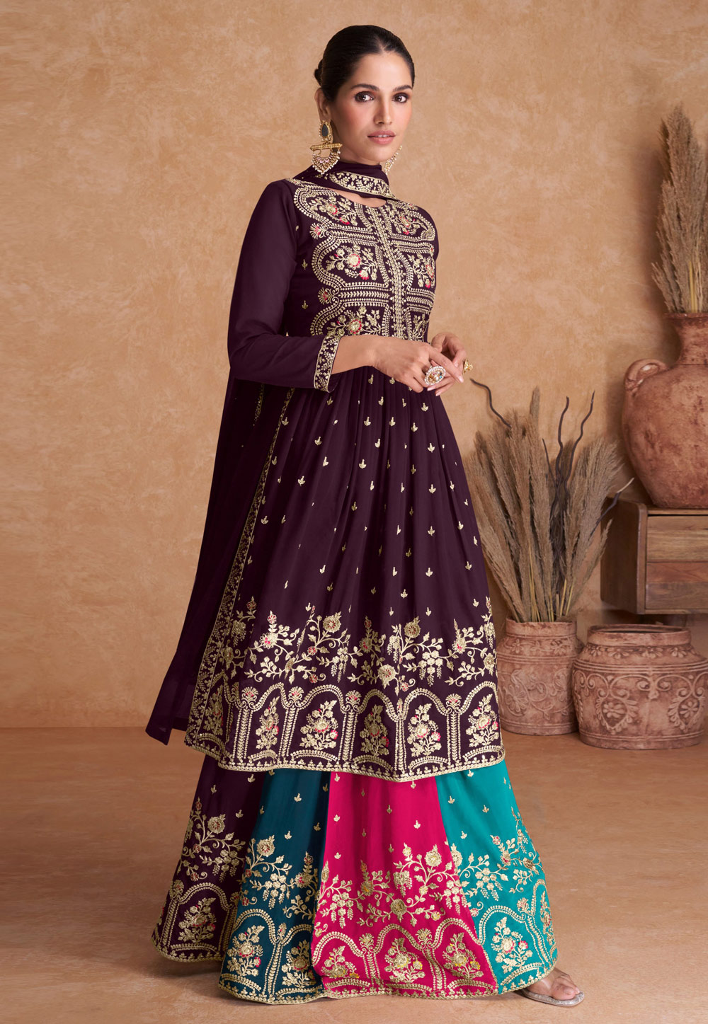 Wine Georgette Palazzo Suit 270581