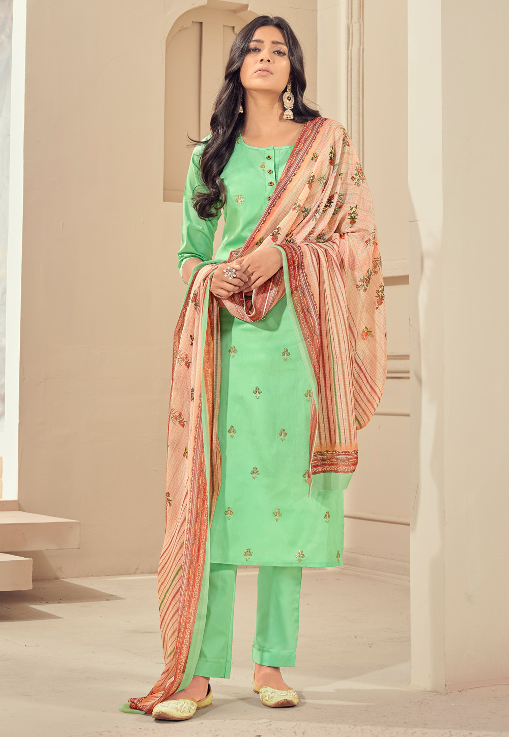 Light Green Satin Readymade Pant Style Suit 227263