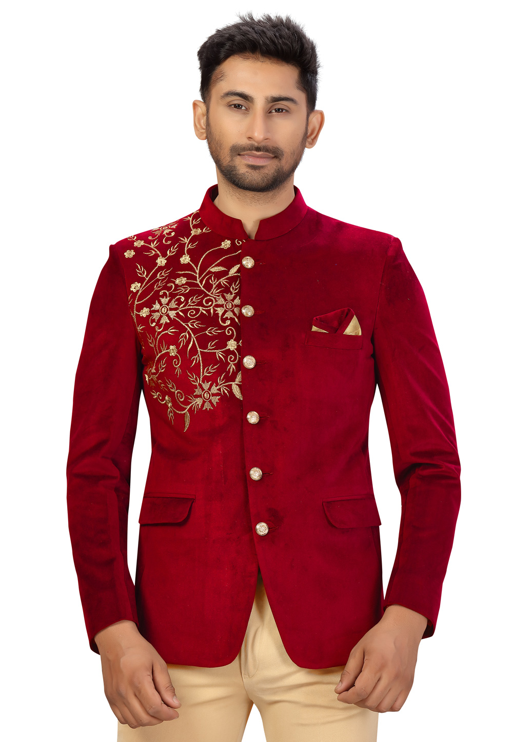 Red and Maroon color Imported fabric Jodhpuri Suit : 1576078