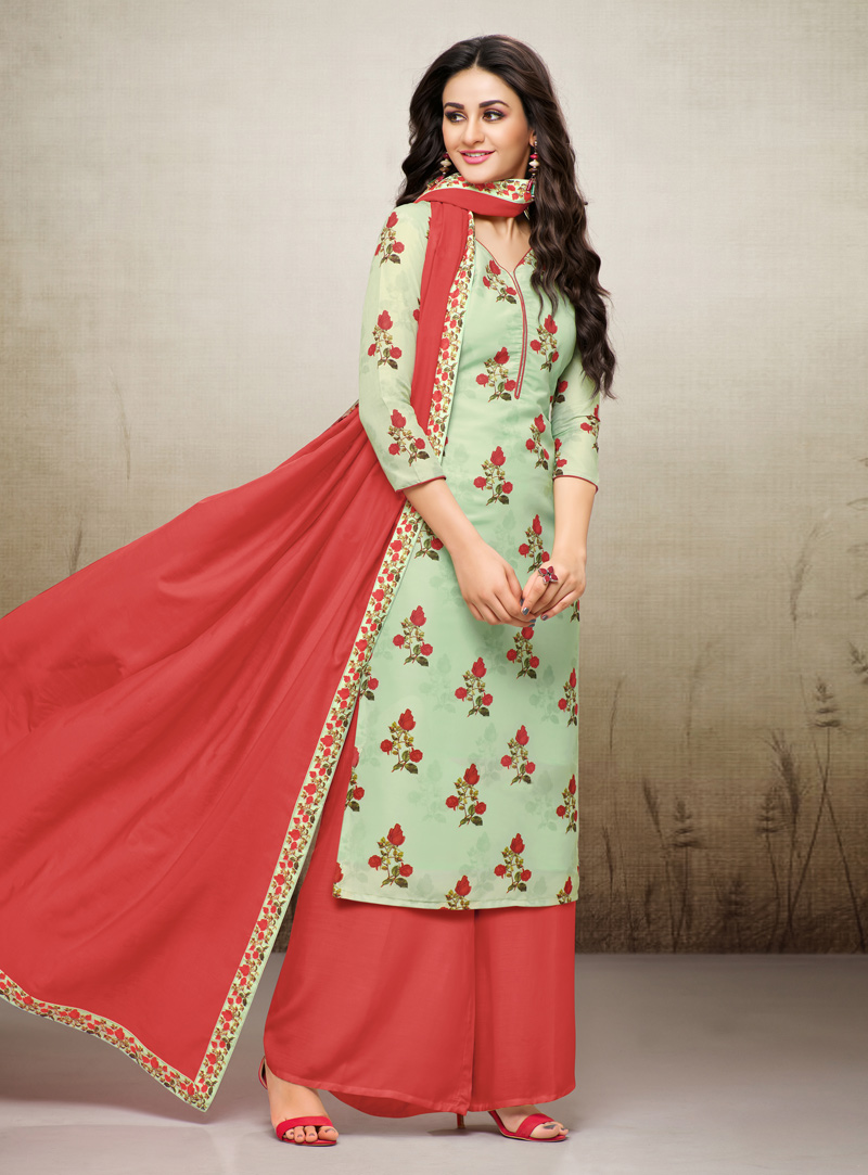 Light Green Cotton Kameez With Palazzo 142284
