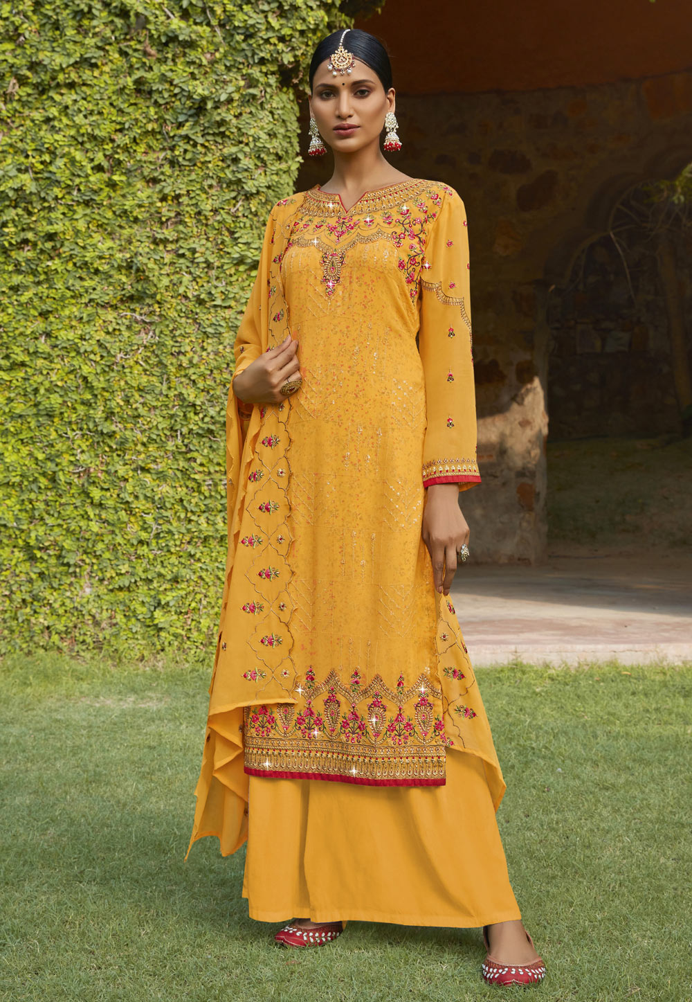 Yellow Georgette Palazzo Suit 243460
