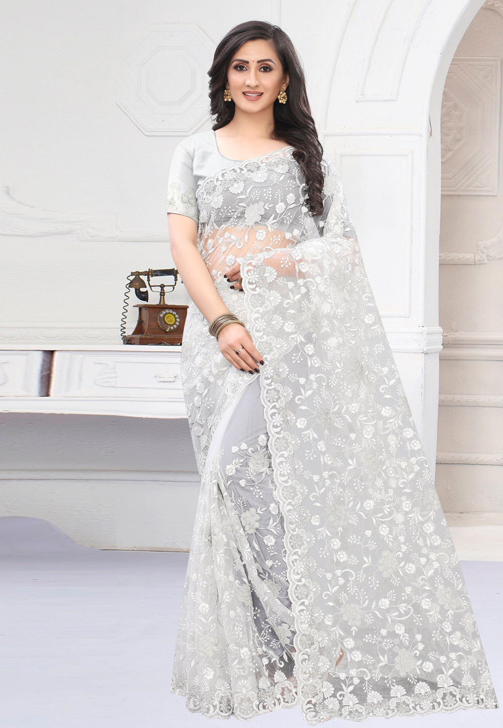 Off White Net Saree With Blouse 216292