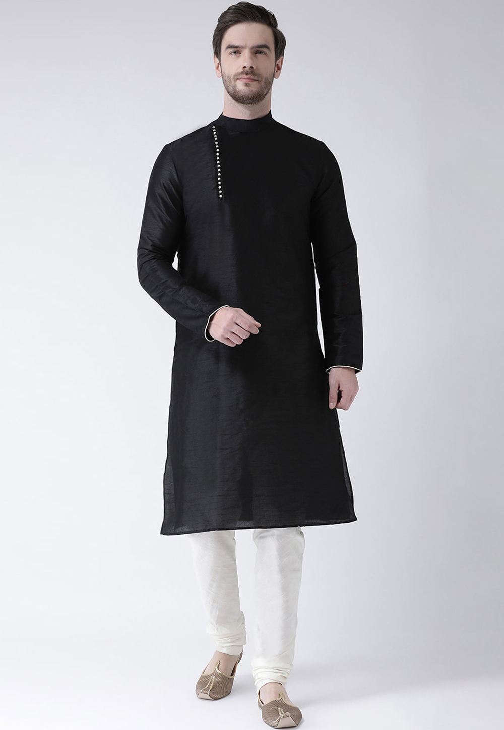 Black Dupion Silk Readymade Kurta Pajama 201543