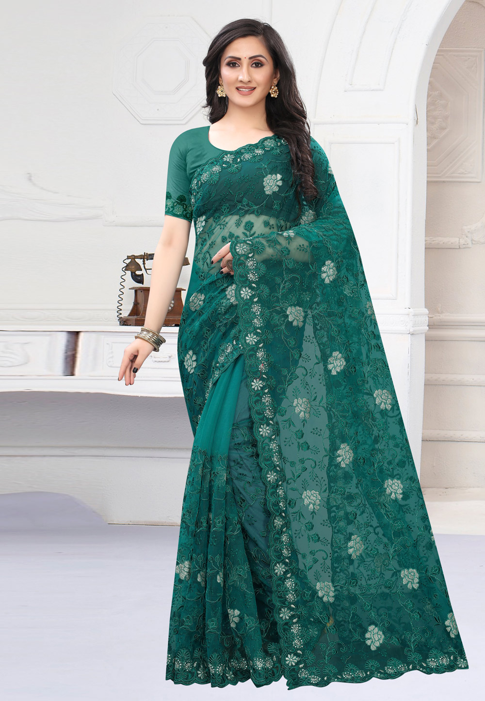 Green Net Saree With Blouse 216294