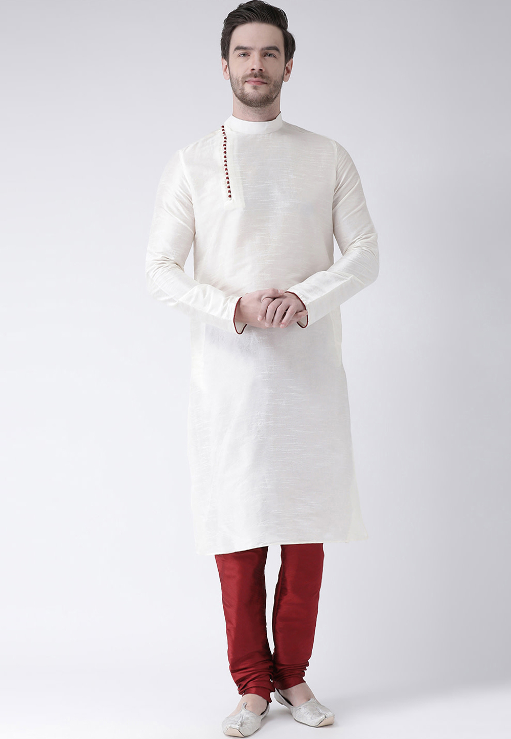 White Dupion Silk Readymade Kurta Pajama 201545