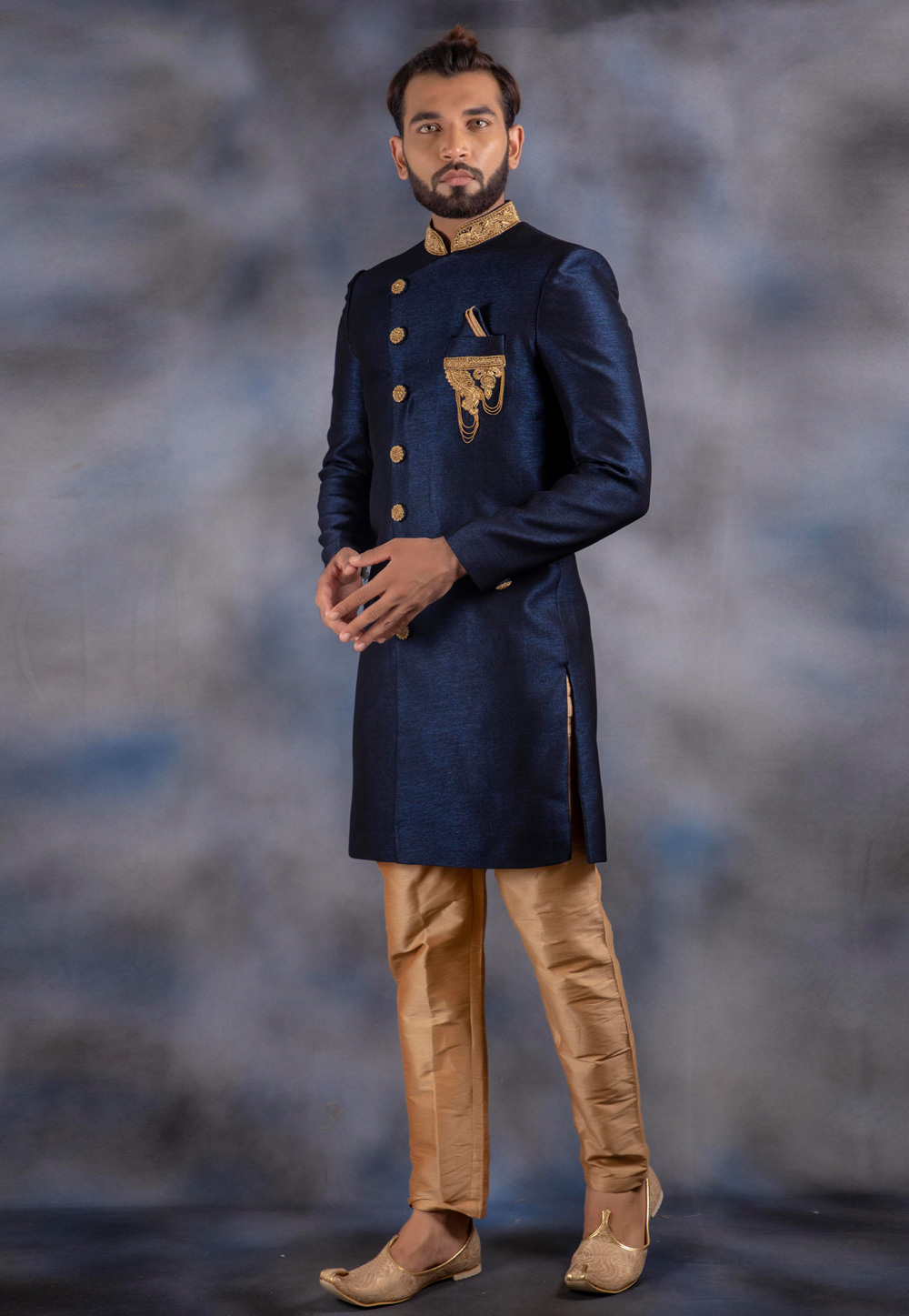 Navy Blue Jacquard Readymade Indo Western Suit 192505