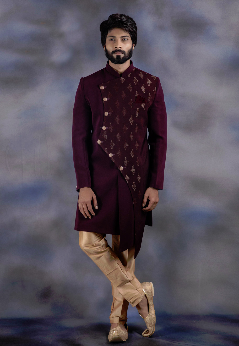Purple Jacquard Readymade Indo Western Suit 192517