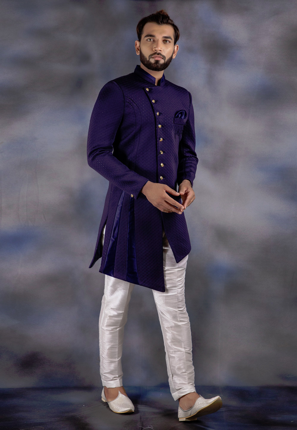 Navy Blue Jacquard Readymade Indo Western Suit 192533