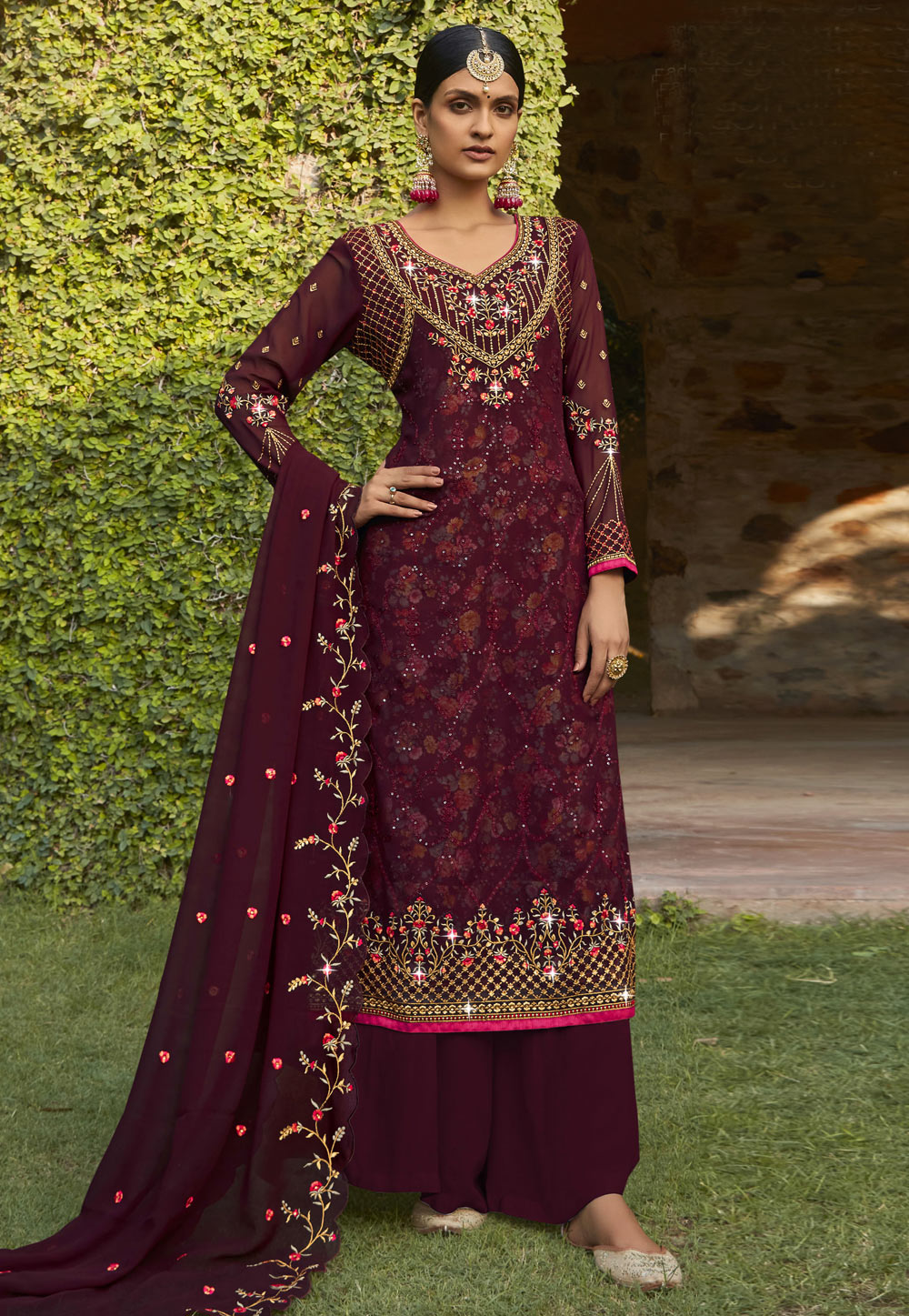 Wine Georgette Palazzo Suit 243464