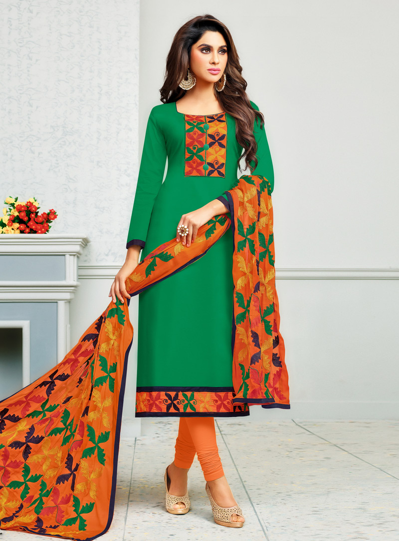 Green Cambric Cotton Churidar Salwar Kameez 142647
