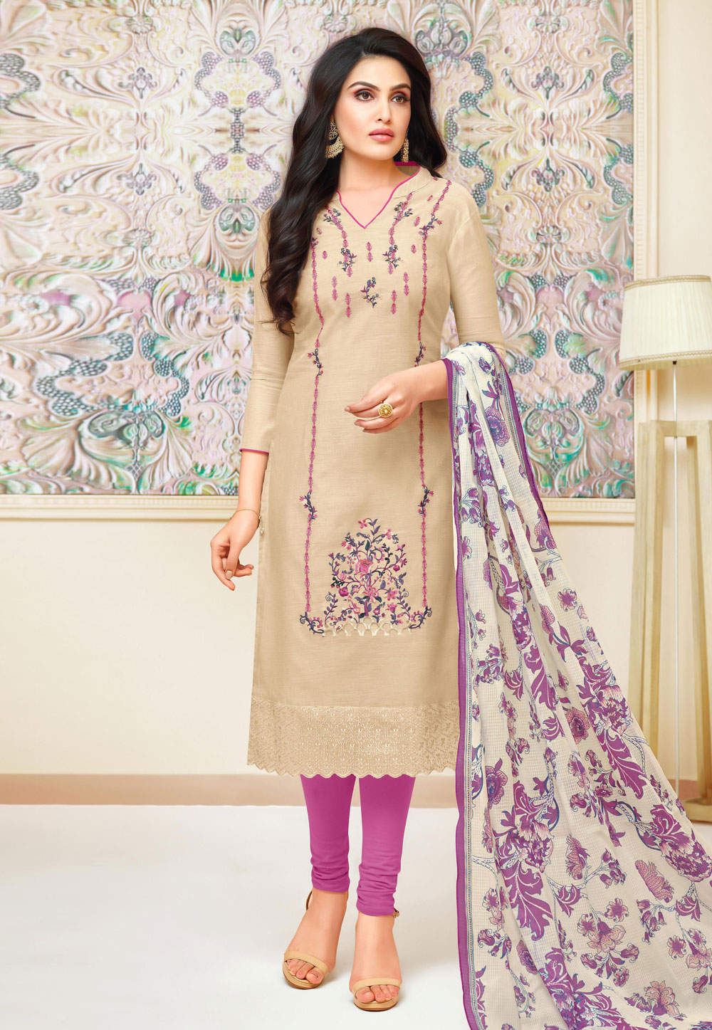 Beige Silk Churidar Suit 186285