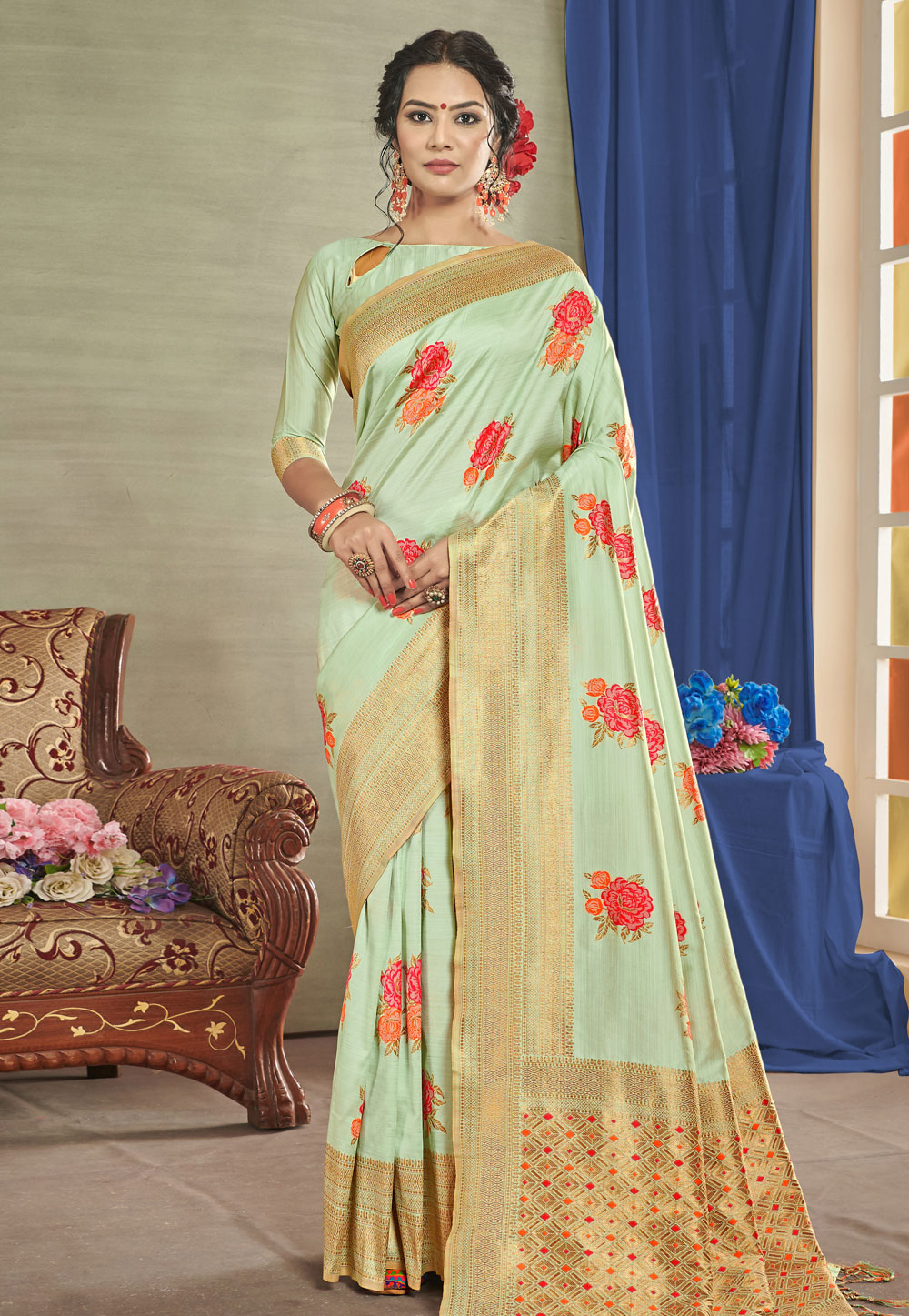Pista Green Banarasi Festival Wear Saree 186463