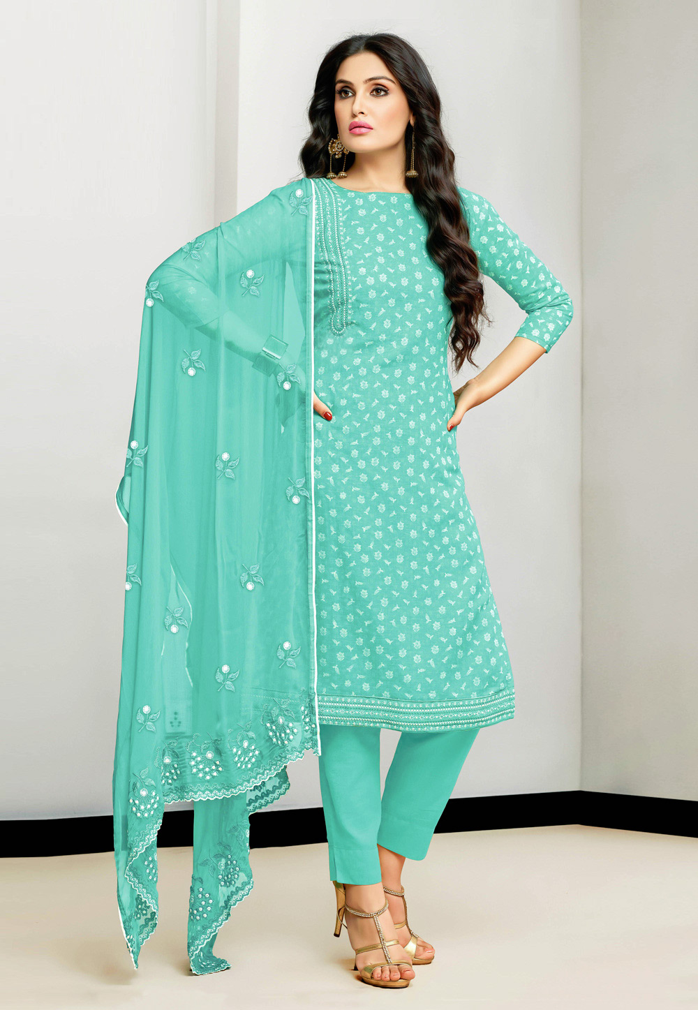 Turquoise Cotton Kameez With Pant 186397