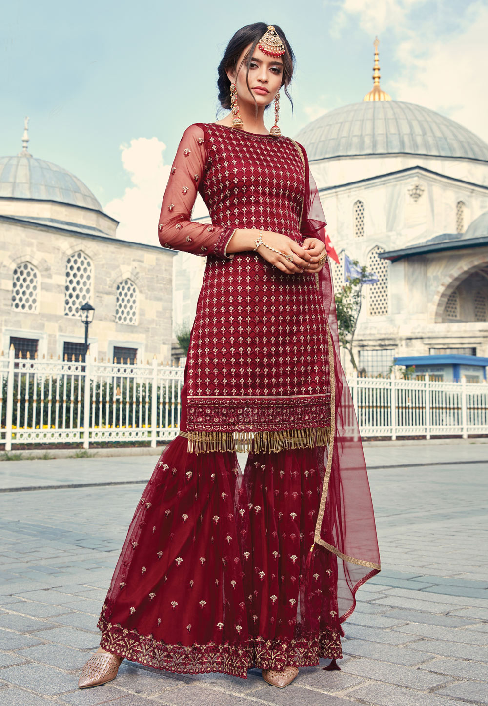 Maroon Net Embroidered Sharara Suit 198906