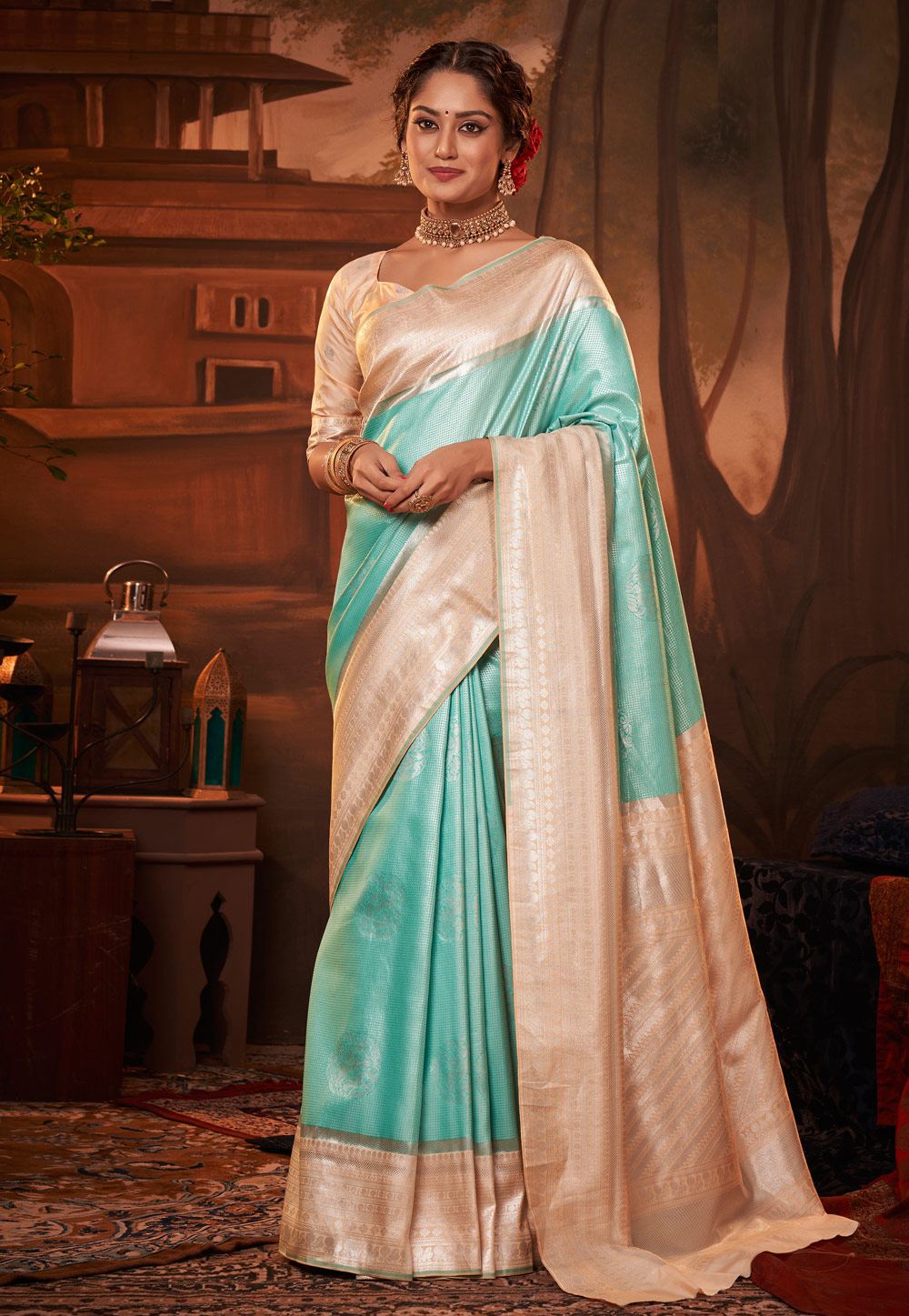 Turquoise Kanjivaram Silk Saree With Blouse 257004