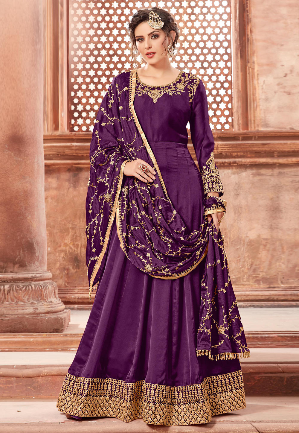 Purple Satin Embroidered Anarkali Suit 164314