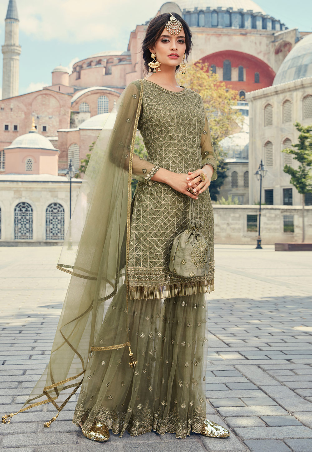Olive Green Net Embroidered Sharara Suit 198907