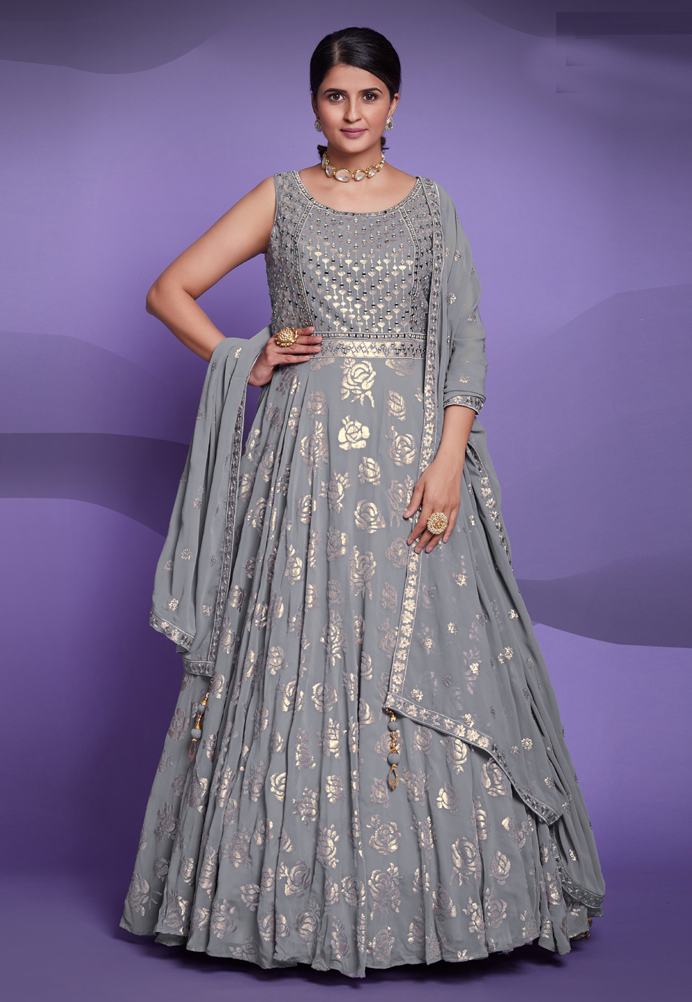Grey Georgette Readymade Abaya Style Anarkali Suit 270112