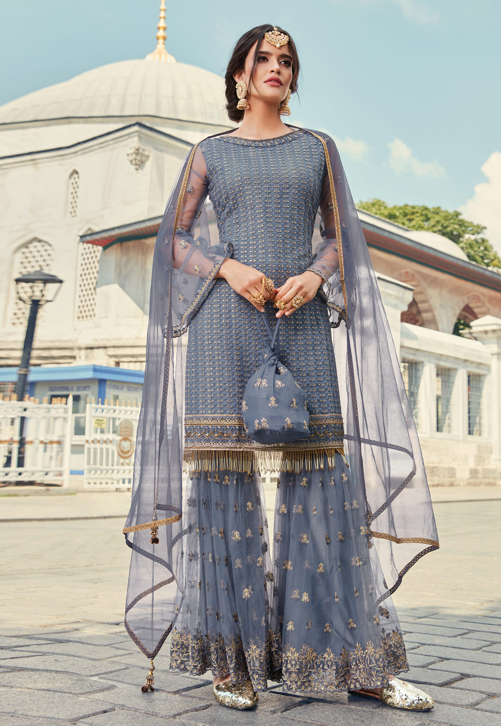 Grey Net Embroidered Sharara Suit 198908