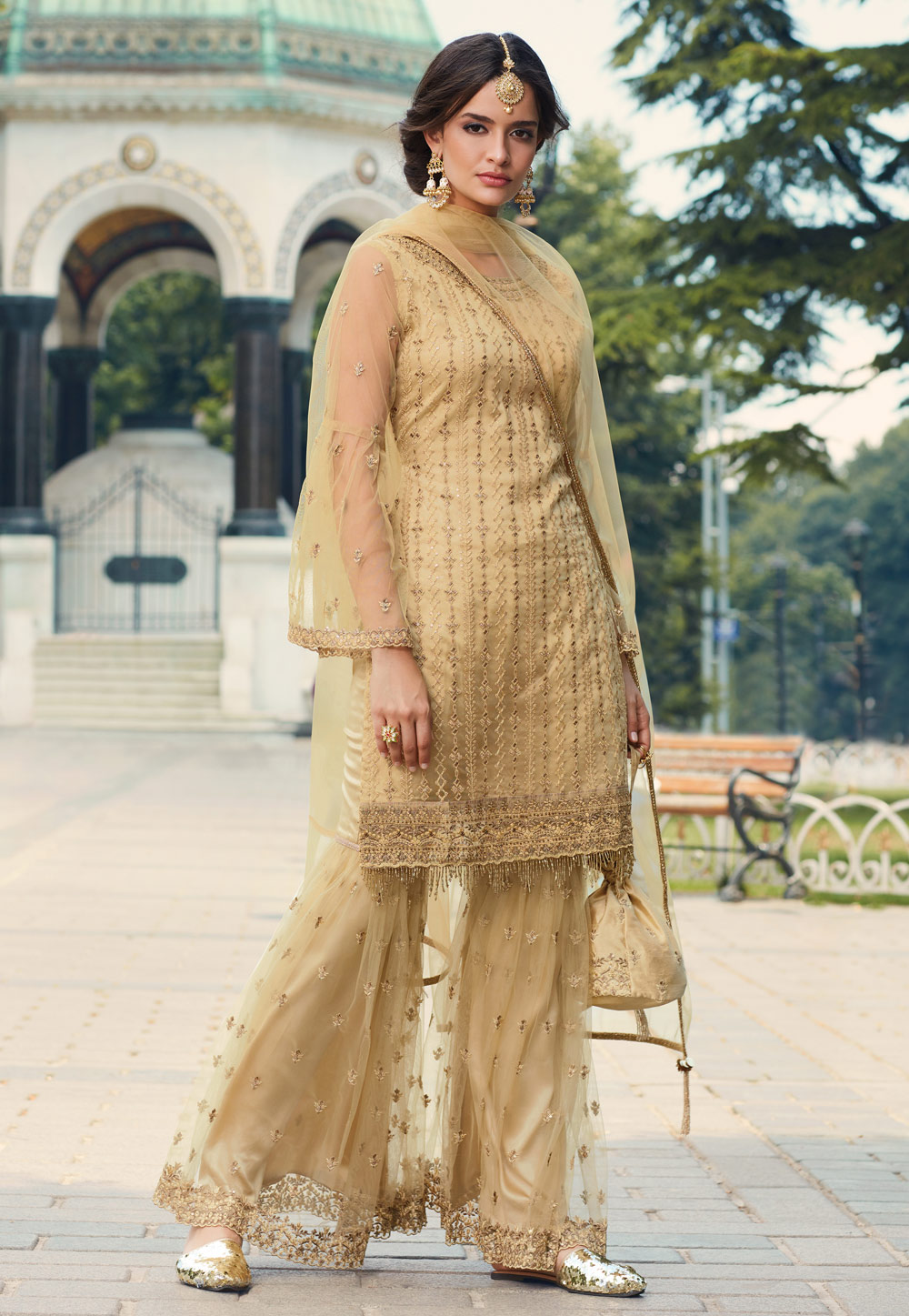 Beige Net Embroidered Sharara Suit 198909