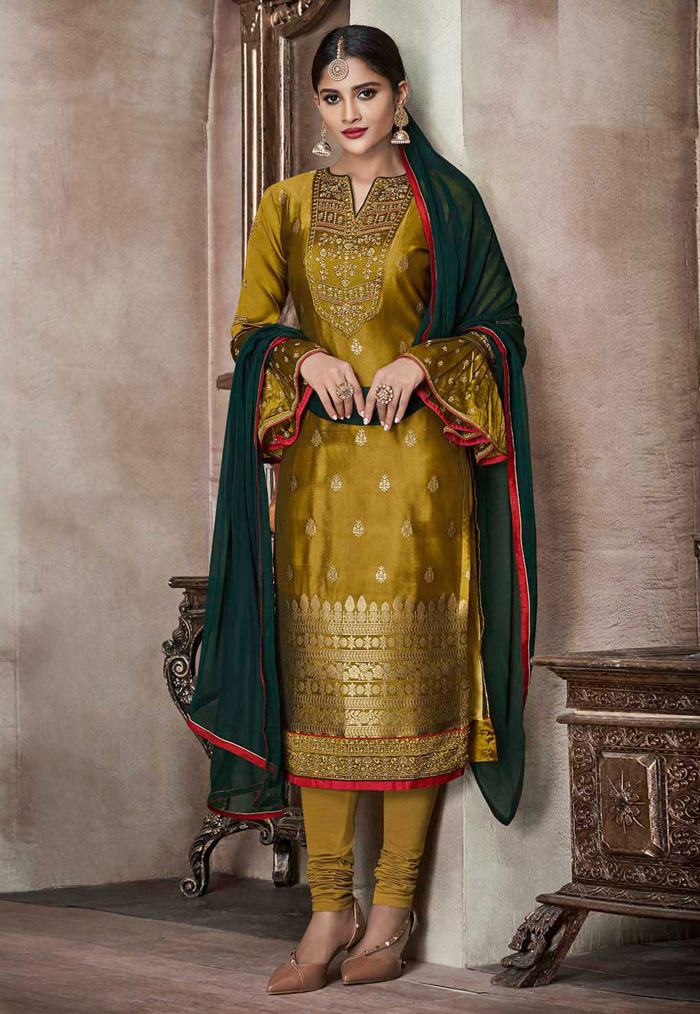 Mustard Banglori Silk Embroidered Frill Sleeve Churidar Suit 179220