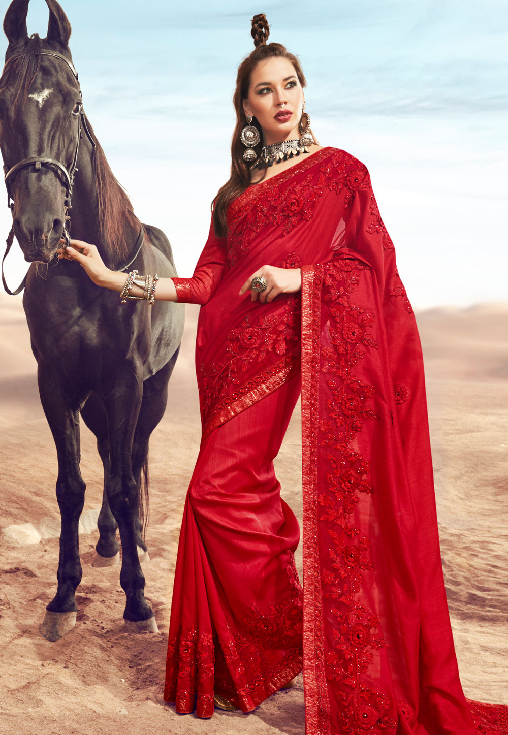 Red Satin Embroidered Saree With Blouse 181302
