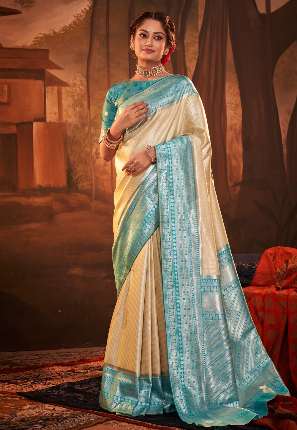 Cream Kanjivaram Silk Saree With Blouse 257011