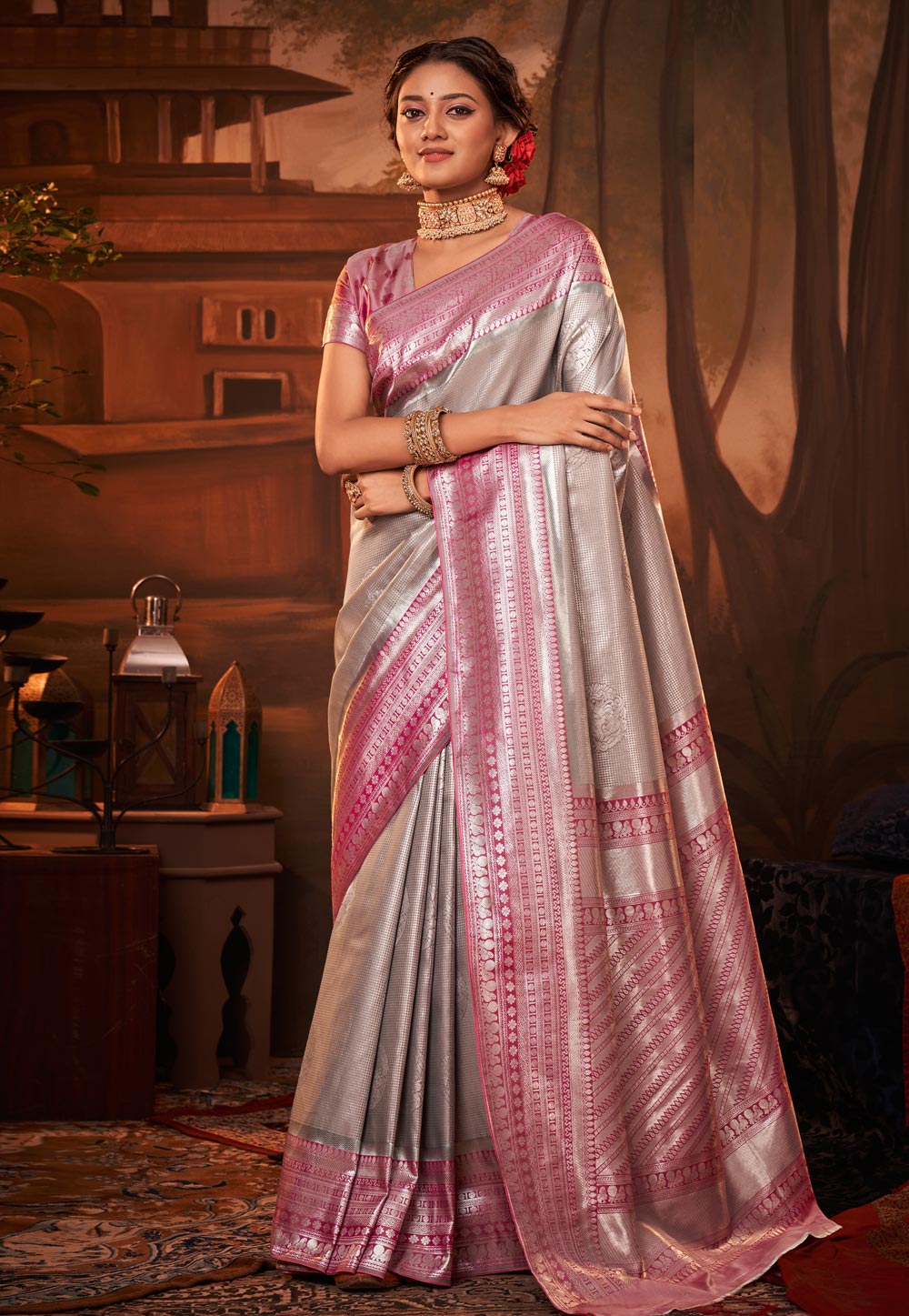 Grey Kanjivaram Silk Saree With Blouse 257012