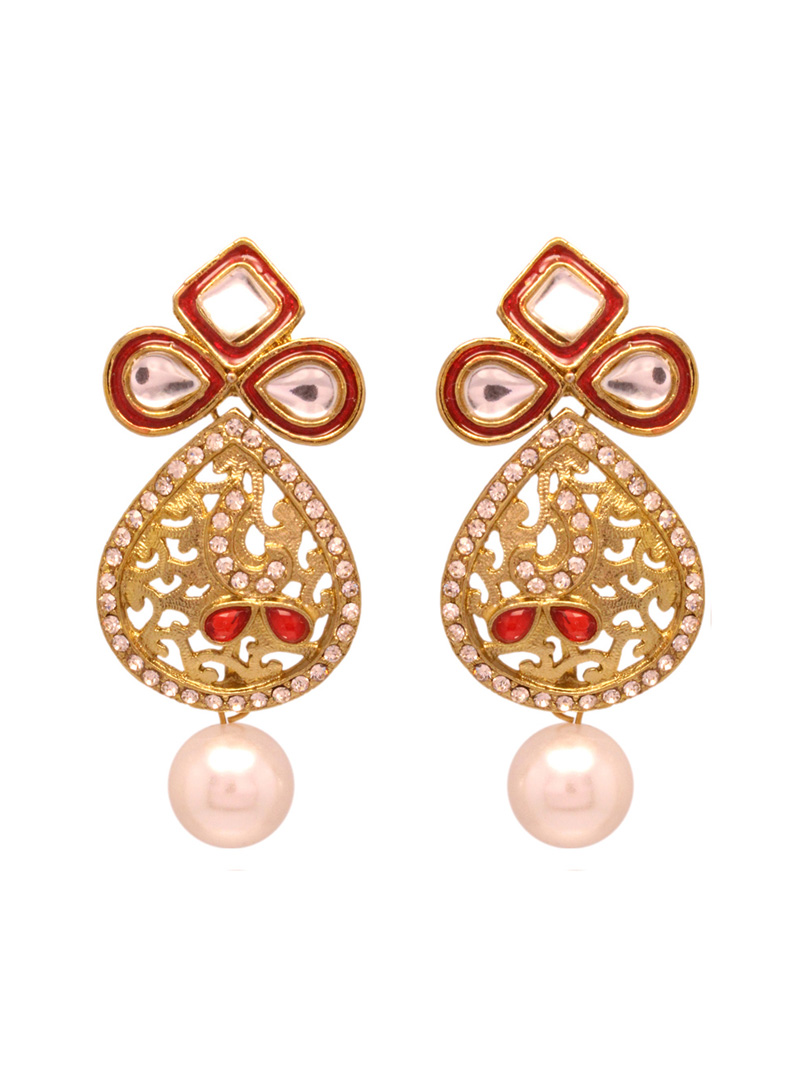 Red Kundans Diamond Brass Earrings 29697