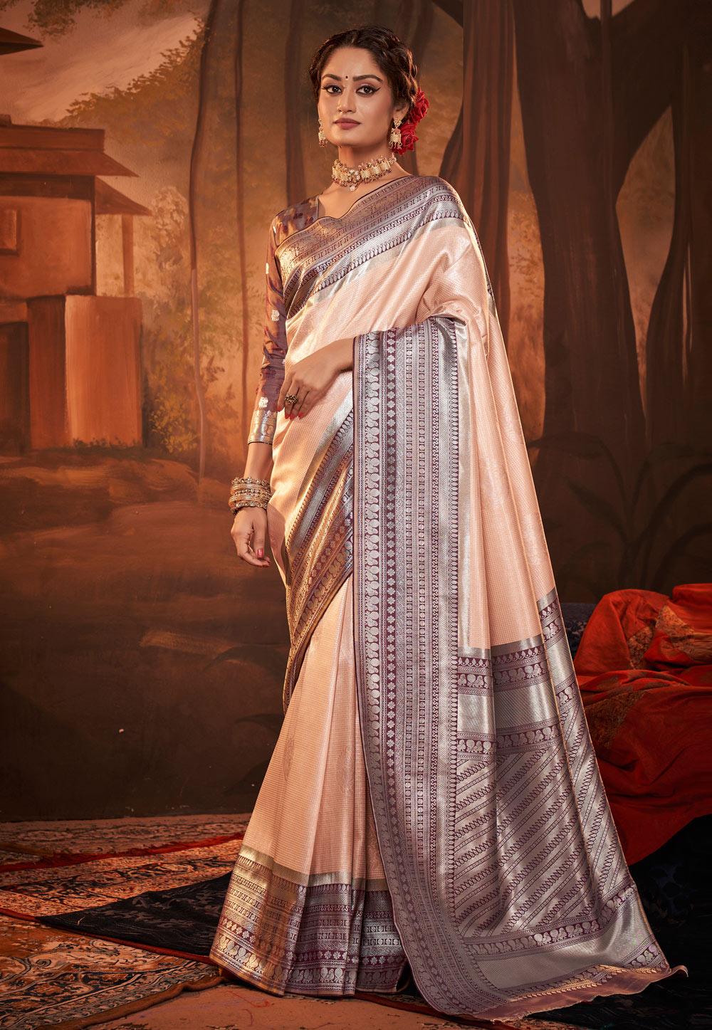 Peach Kanjivaram Silk Saree With Blouse 257015