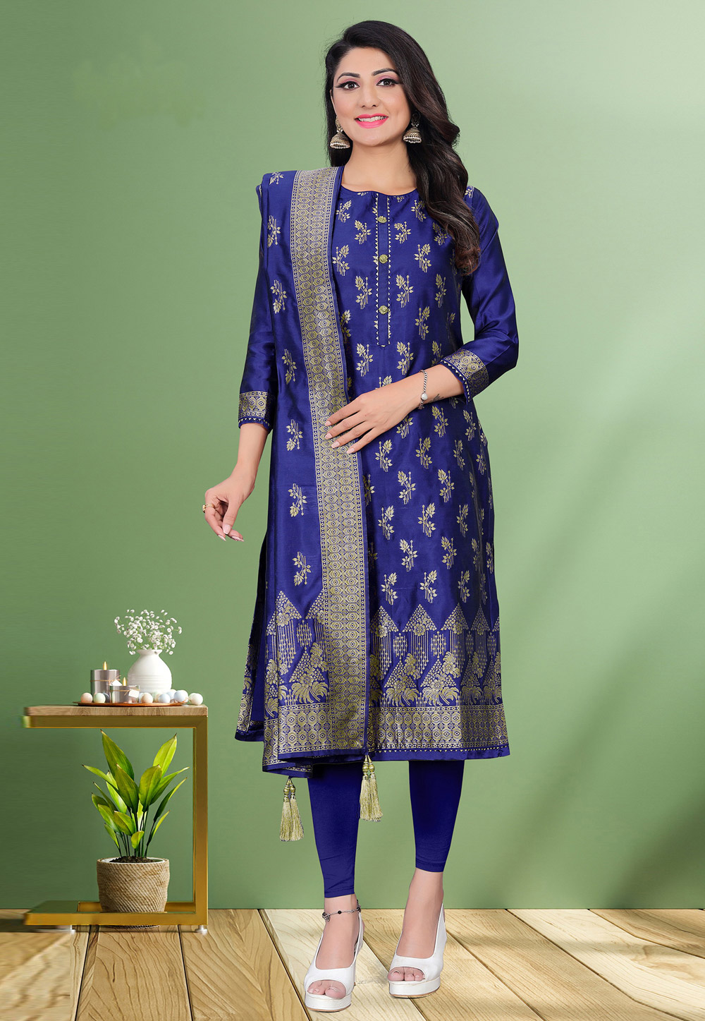 Blue Jacquard Churidar Salwar Suit 243645