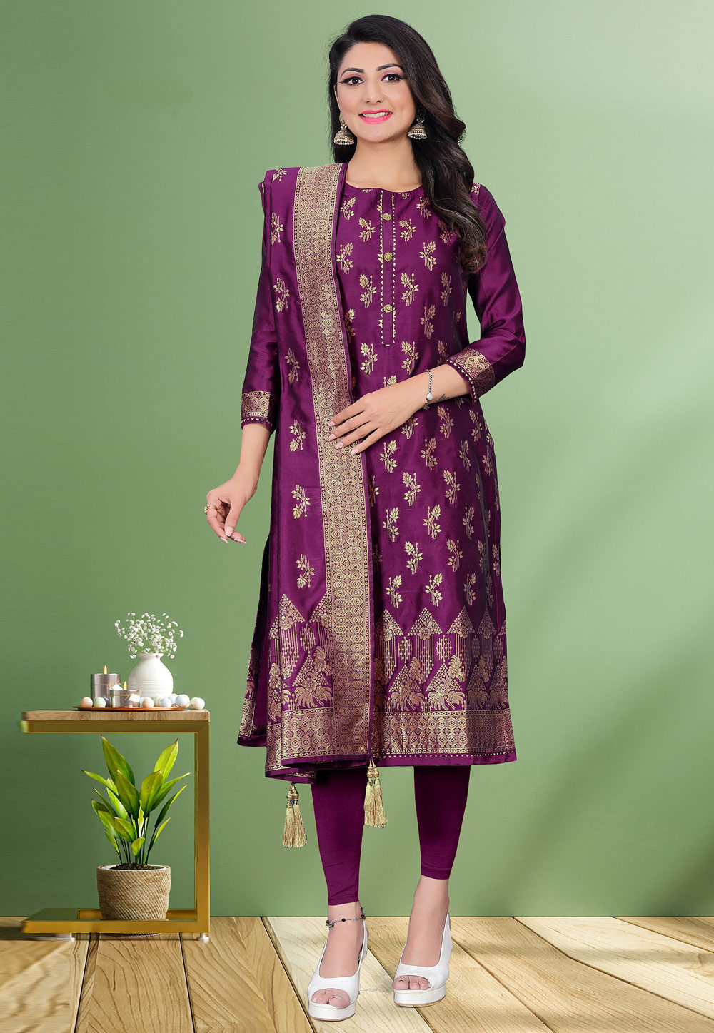 Purple Jacquard Churidar Suit 243648