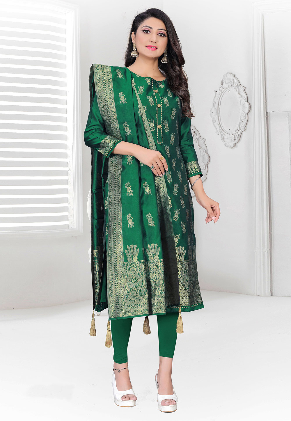 Green Jacquard Churidar Salwar Suit 243650