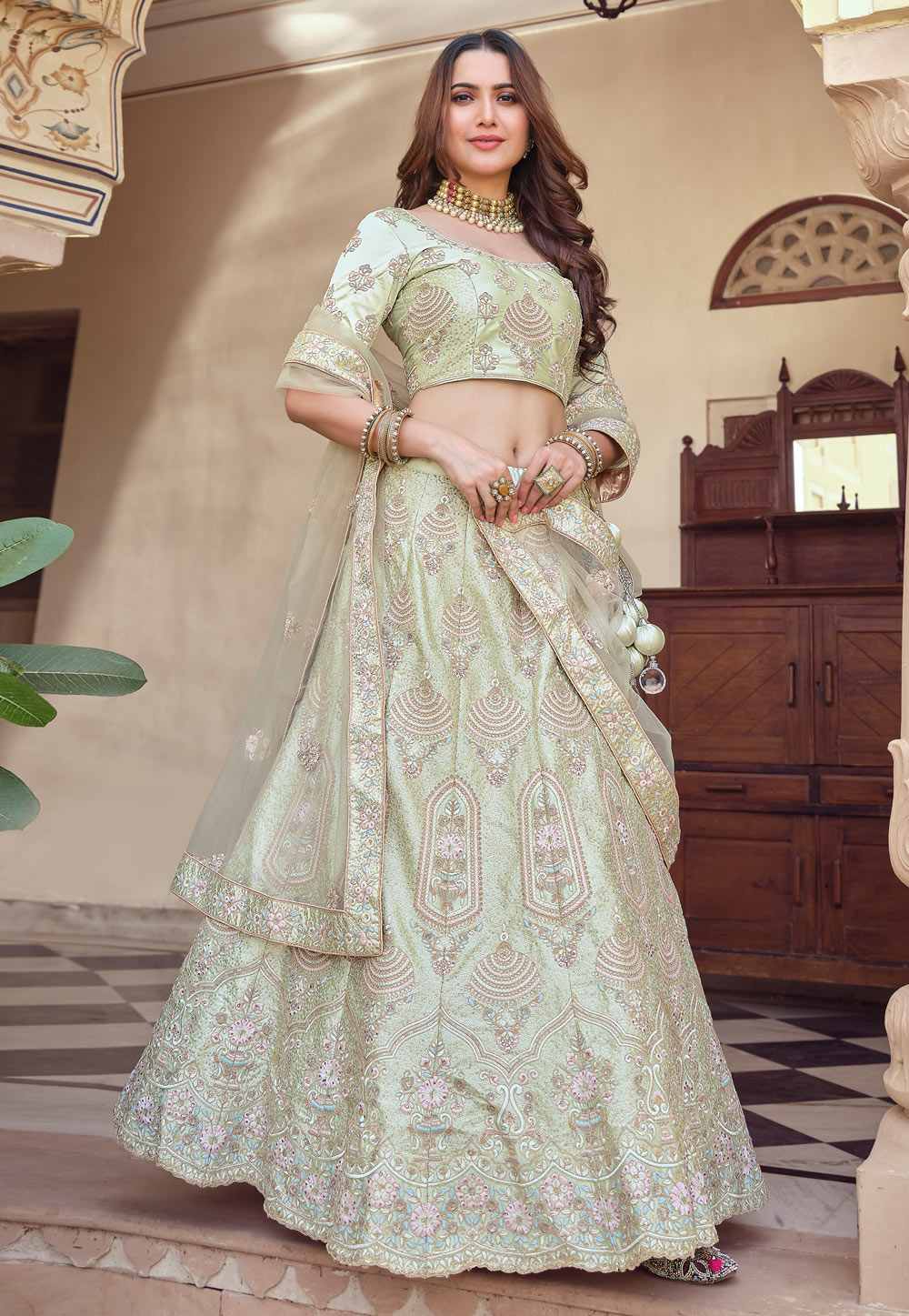 Light-Green Lehenga Choli with Digital Print Floral Motif and All-Over  Sequins Work Dupatta | Exotic India Art