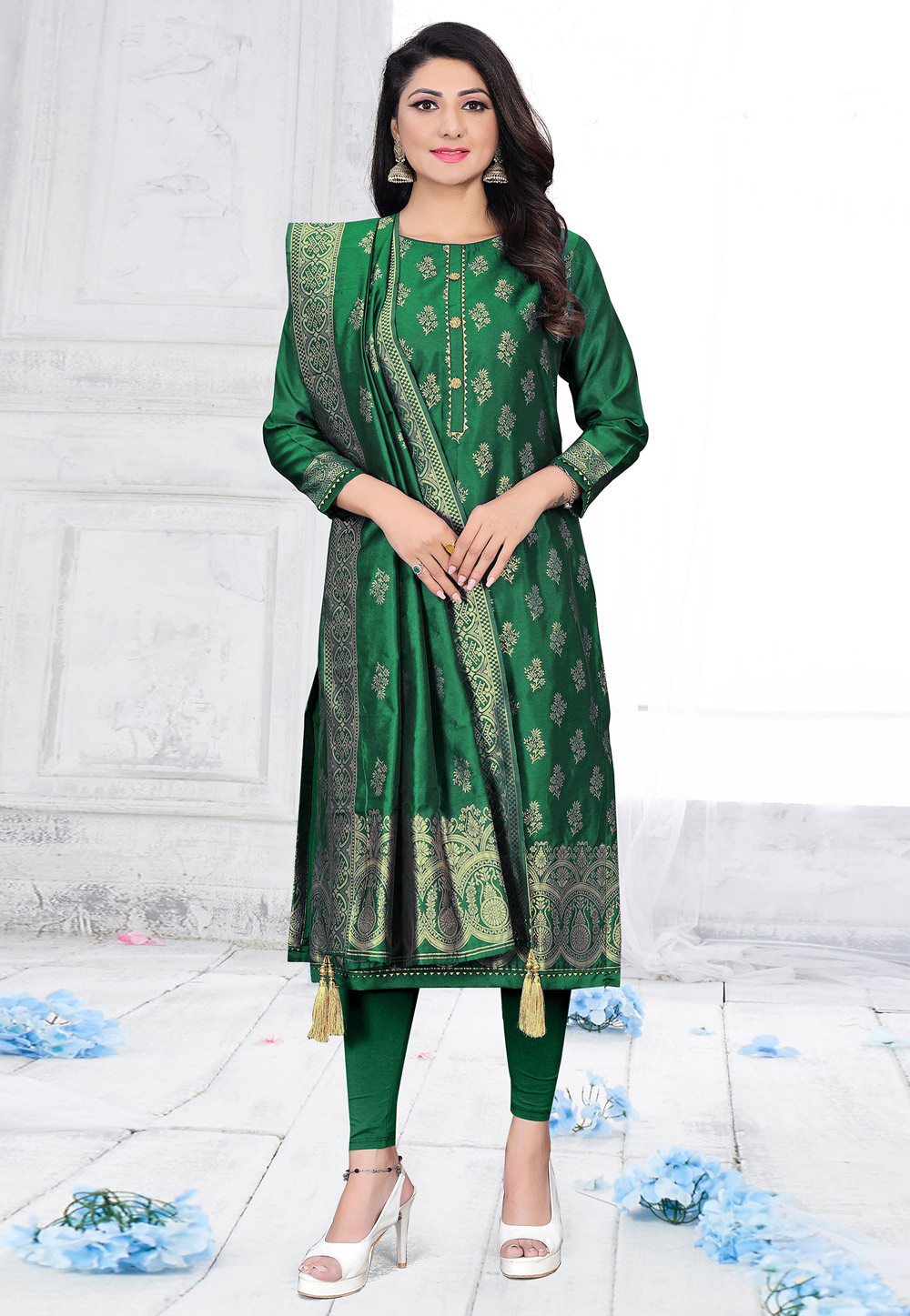 Green Jacquard Churidar Salwar Suit 243654
