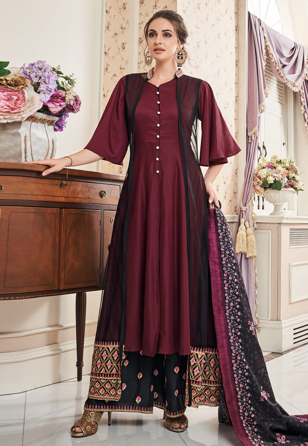 Maroon Muslin Readymade Embroidered Palazzo Suit 195373