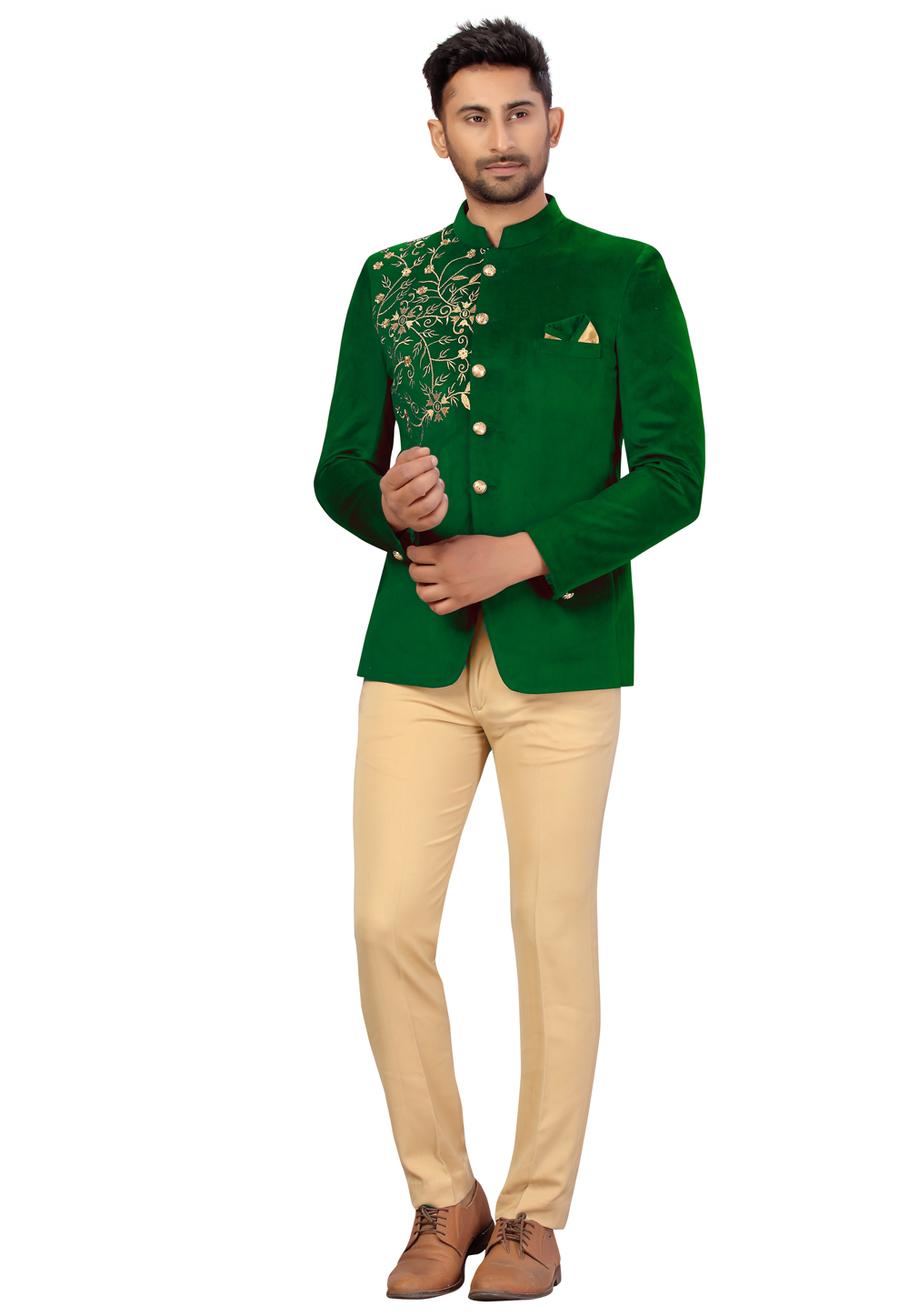 Green Velvet Jodhpuri Suit 231107