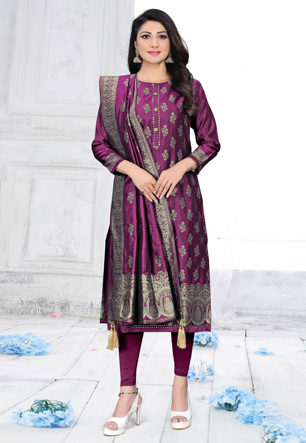 Purple Jacquard Churidar Salwar Suit 243656