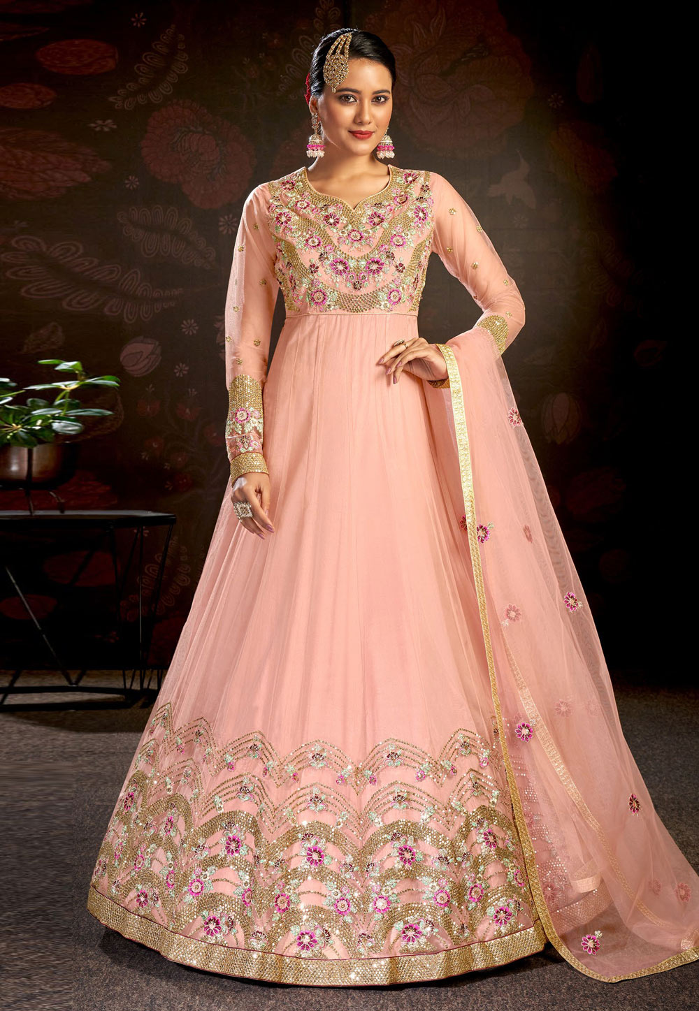 Pink Net Abaya Style Anarkali Suit 246719