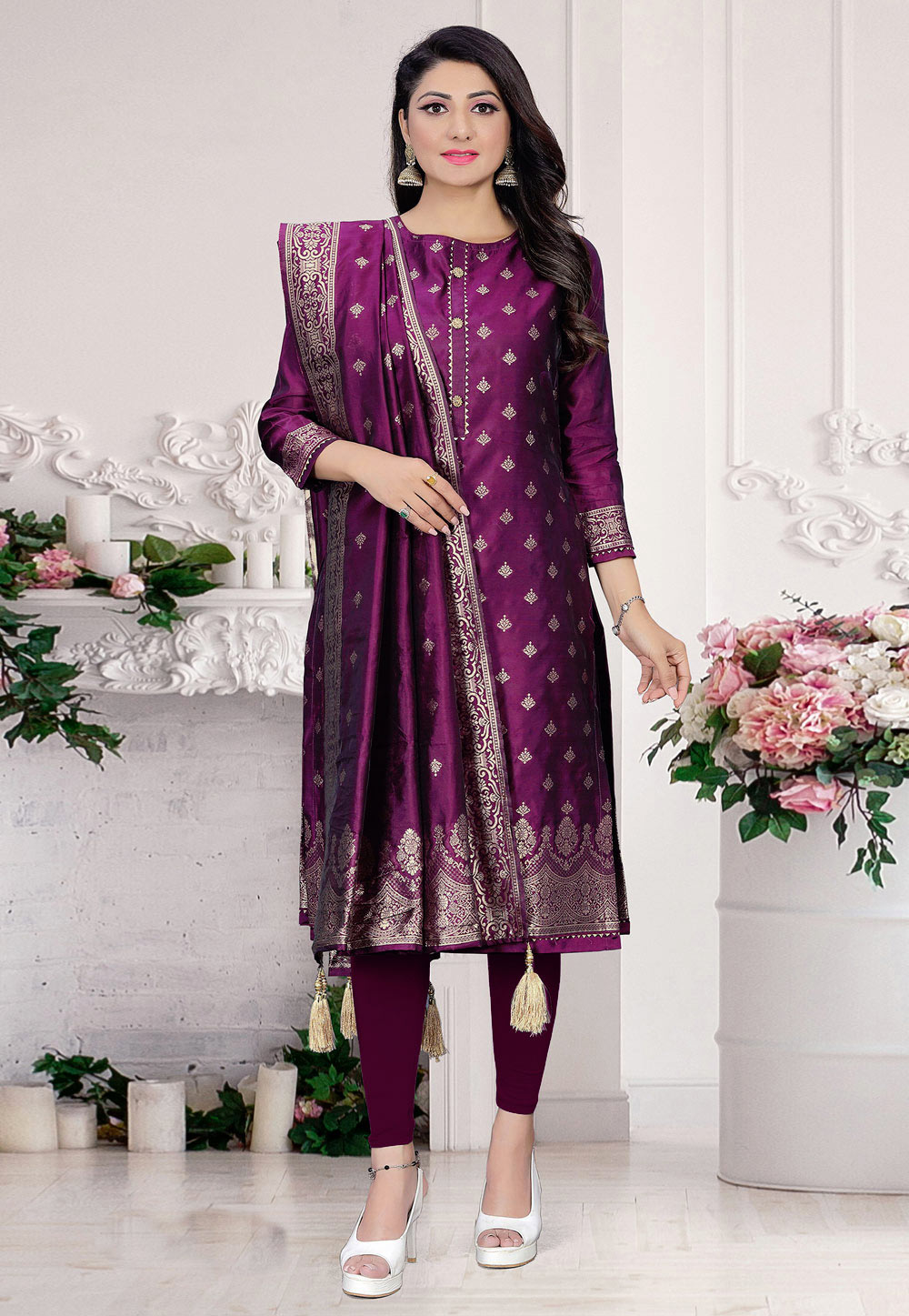 Buy Violet Embroidered Satin Georgette Churidar Salwar Suit | Churidar  Salwar Suits