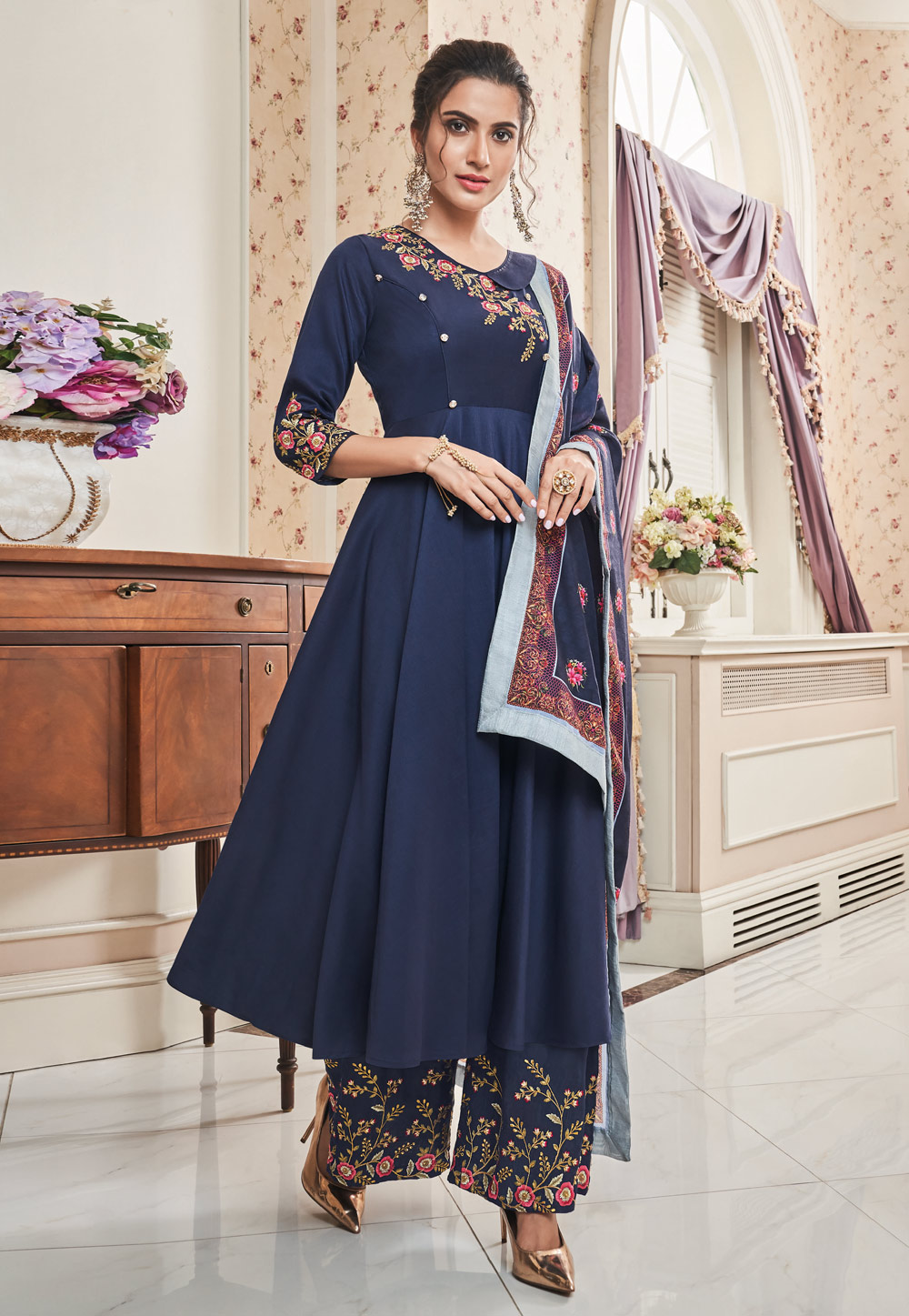 Navy Blue Muslin Readymade Embroidered Kameez With Palazzo 195374