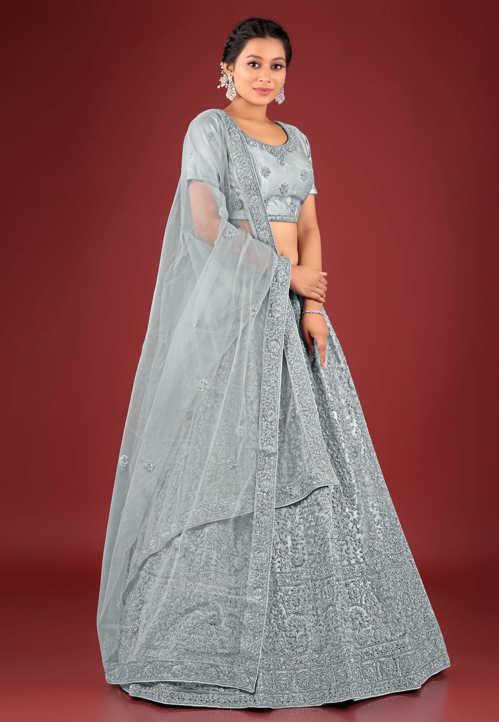Grey Net Circular Lehenga Choli 271813