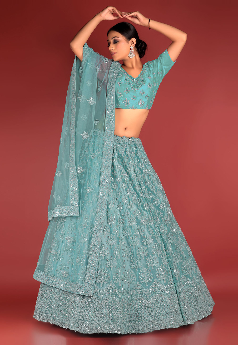 Sky Blue Net A Line Lehenga Choli 273746