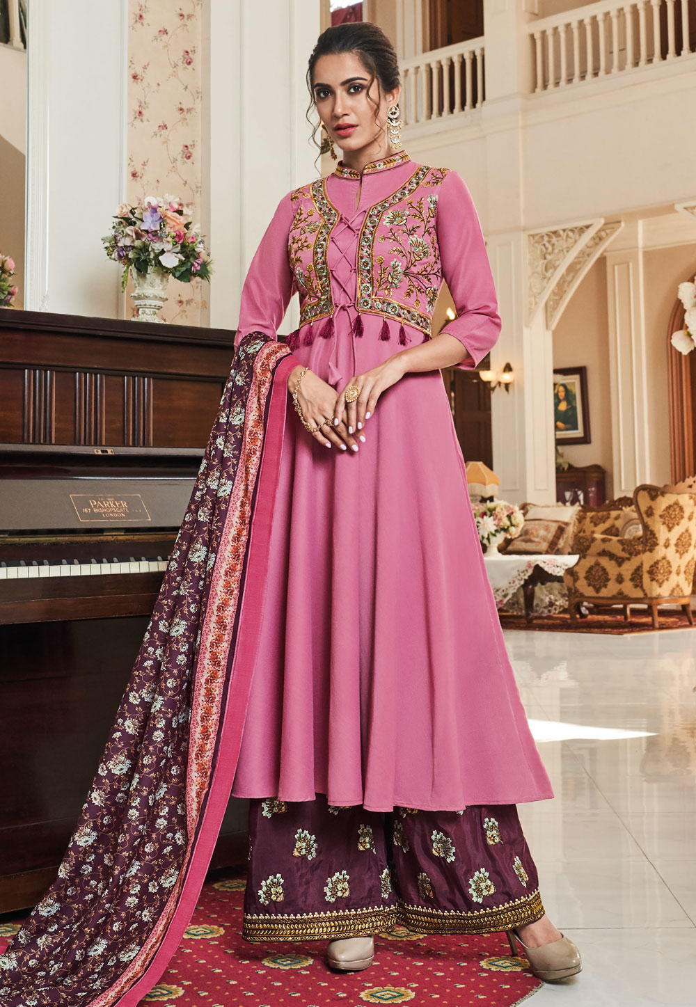 Pink Muslin Readymade Embroidered Kameez With Palazzo 195376