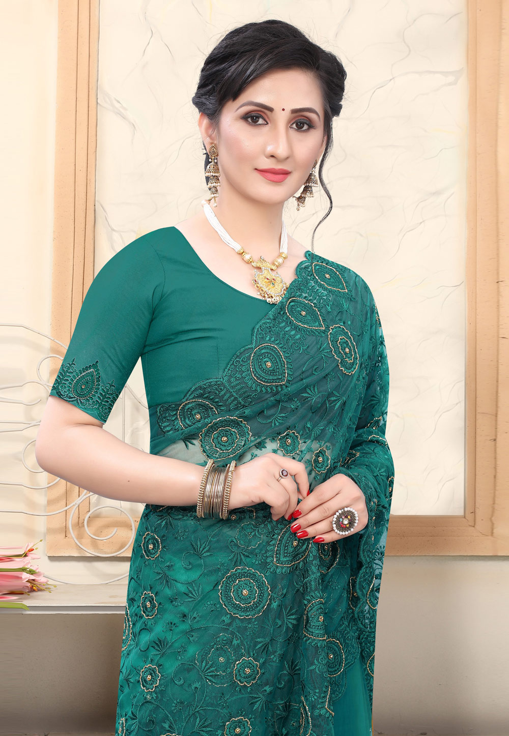 Green Net Saree With Blouse 211210