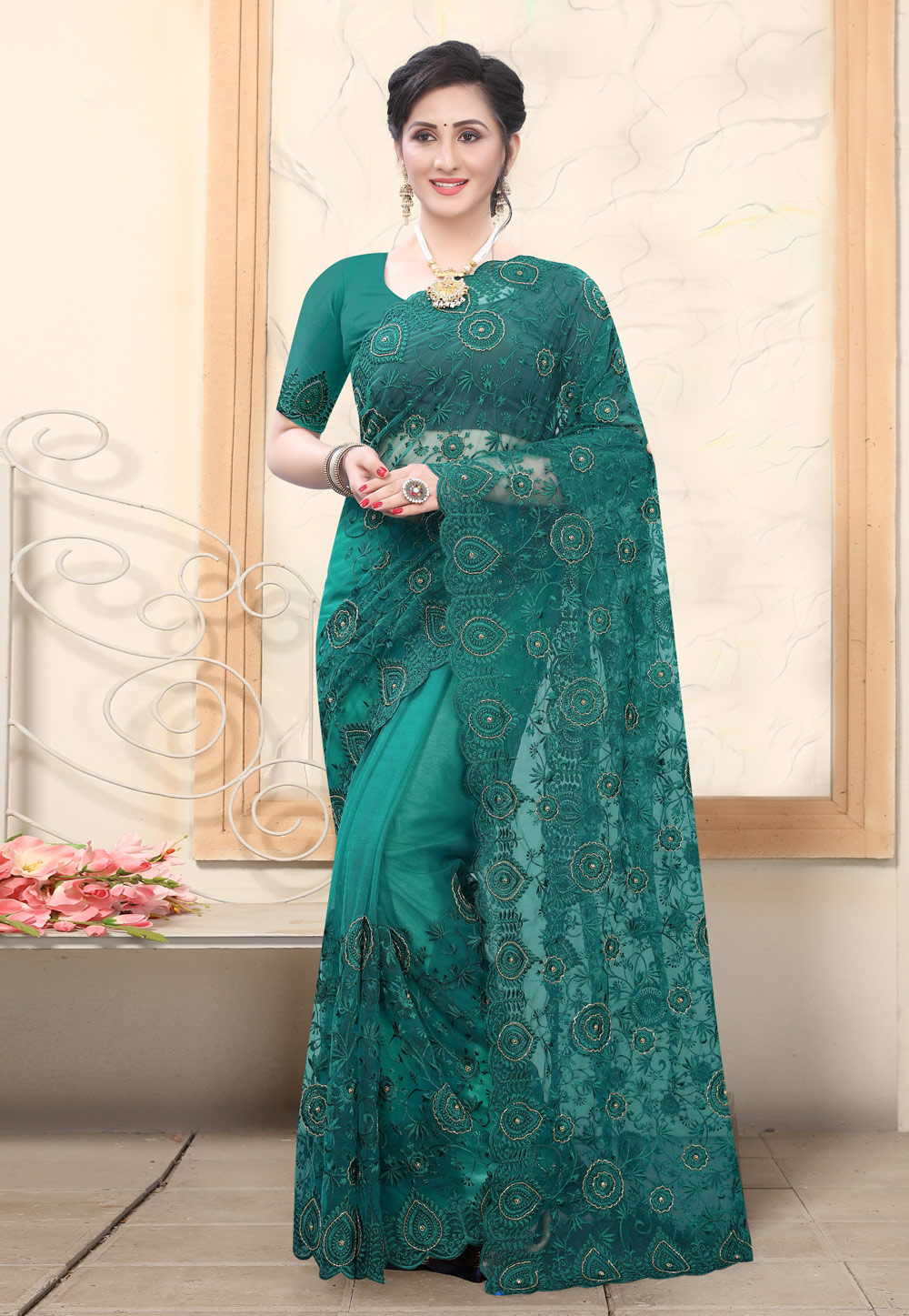 Green Net Saree With Blouse 217282