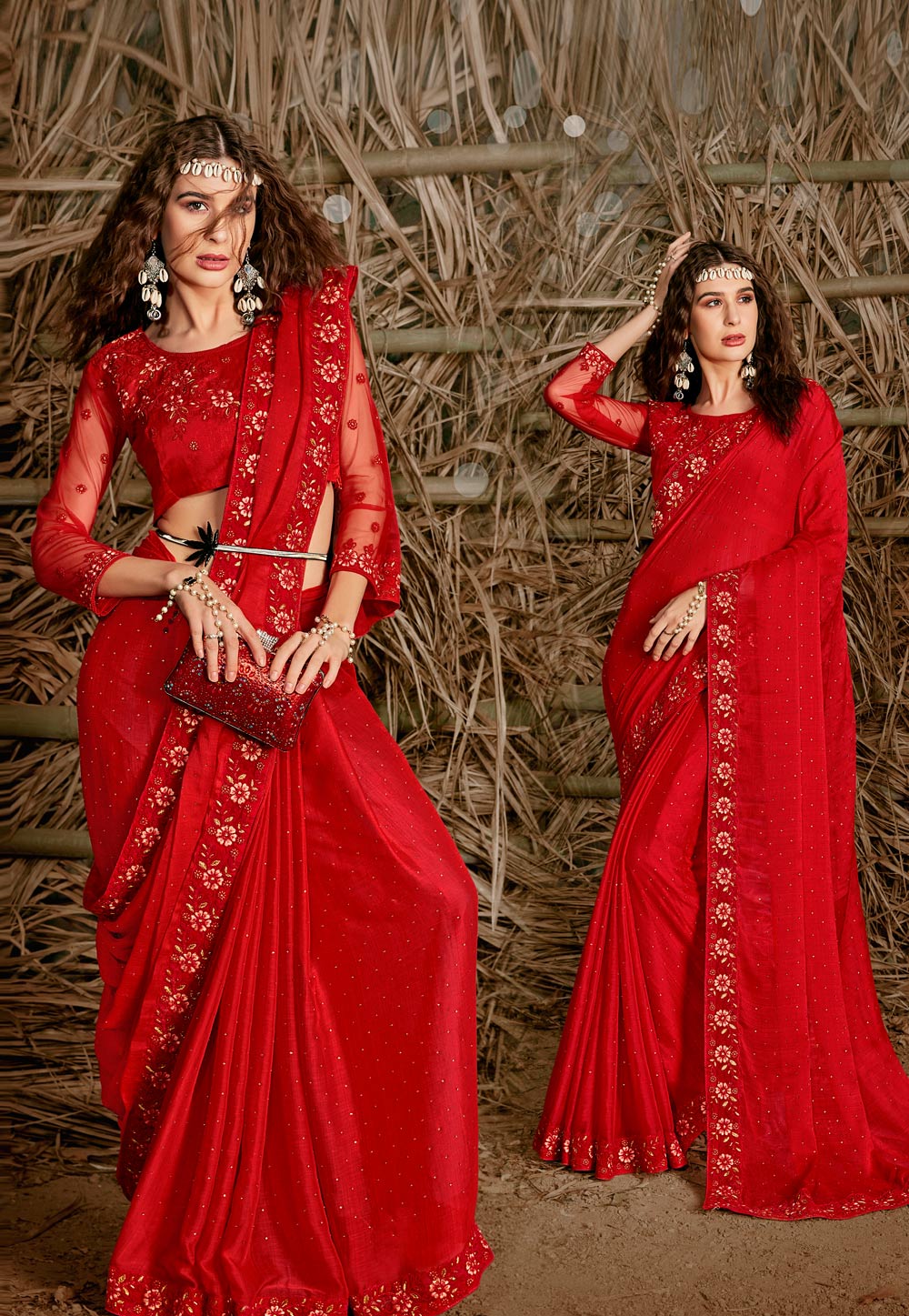 Red Chiffon Festival Wear Saree 240909