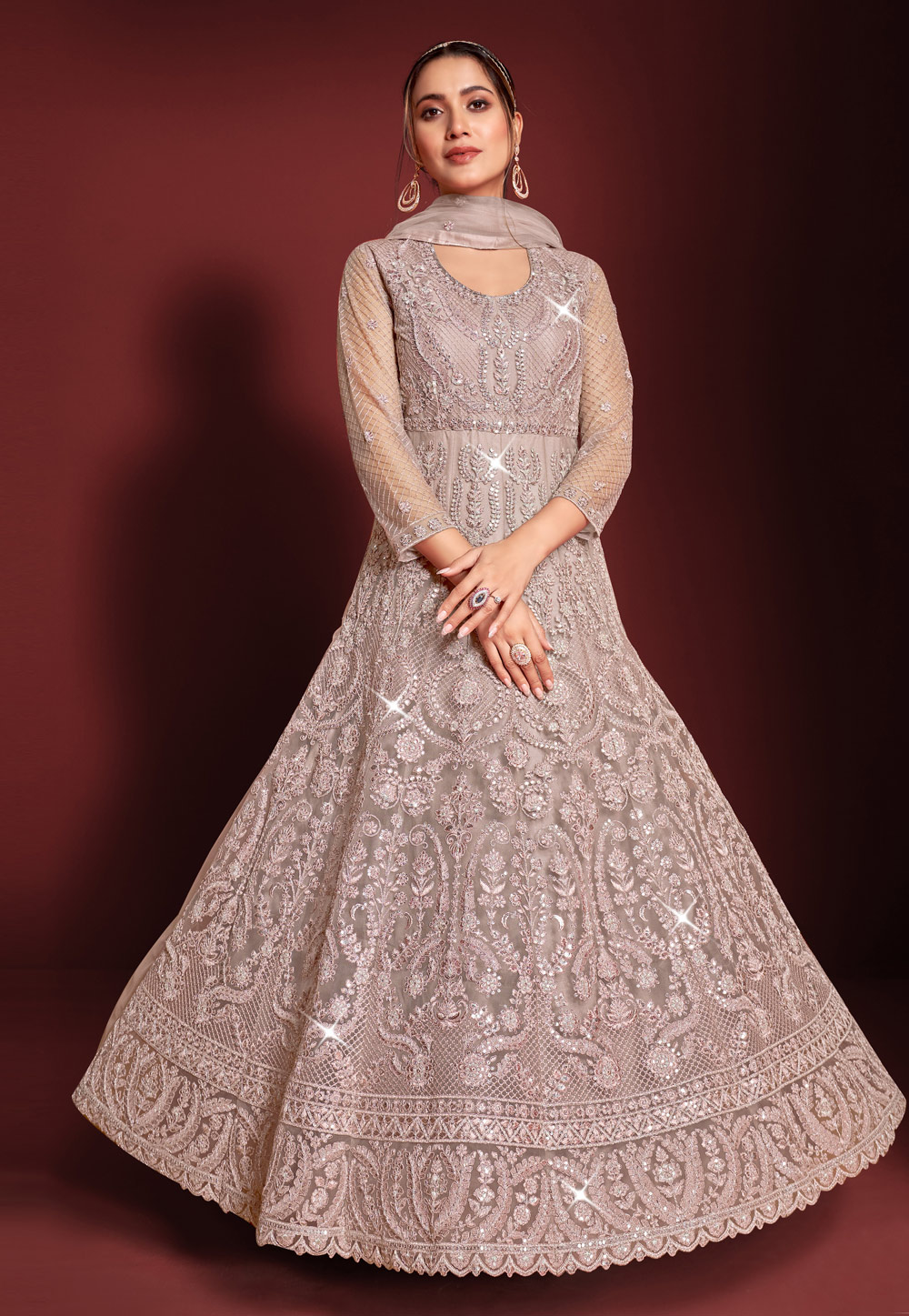 Light Pink Net Abaya Style Anarkali Suit 258759