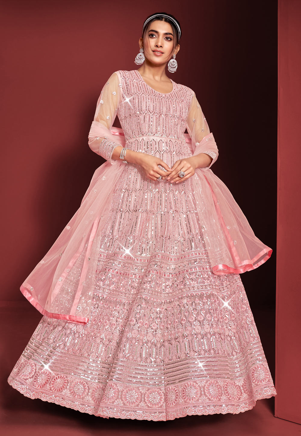Pink Net Abaya Style Anarkali Suit 258761